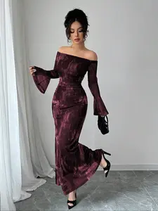 Women's Off-Shoulder Flare Long Sleeve Tie-Dye Fashion Mesh Print Ruched Mermaid Bodycon Dress, Elegant Party Spring & Fall Style