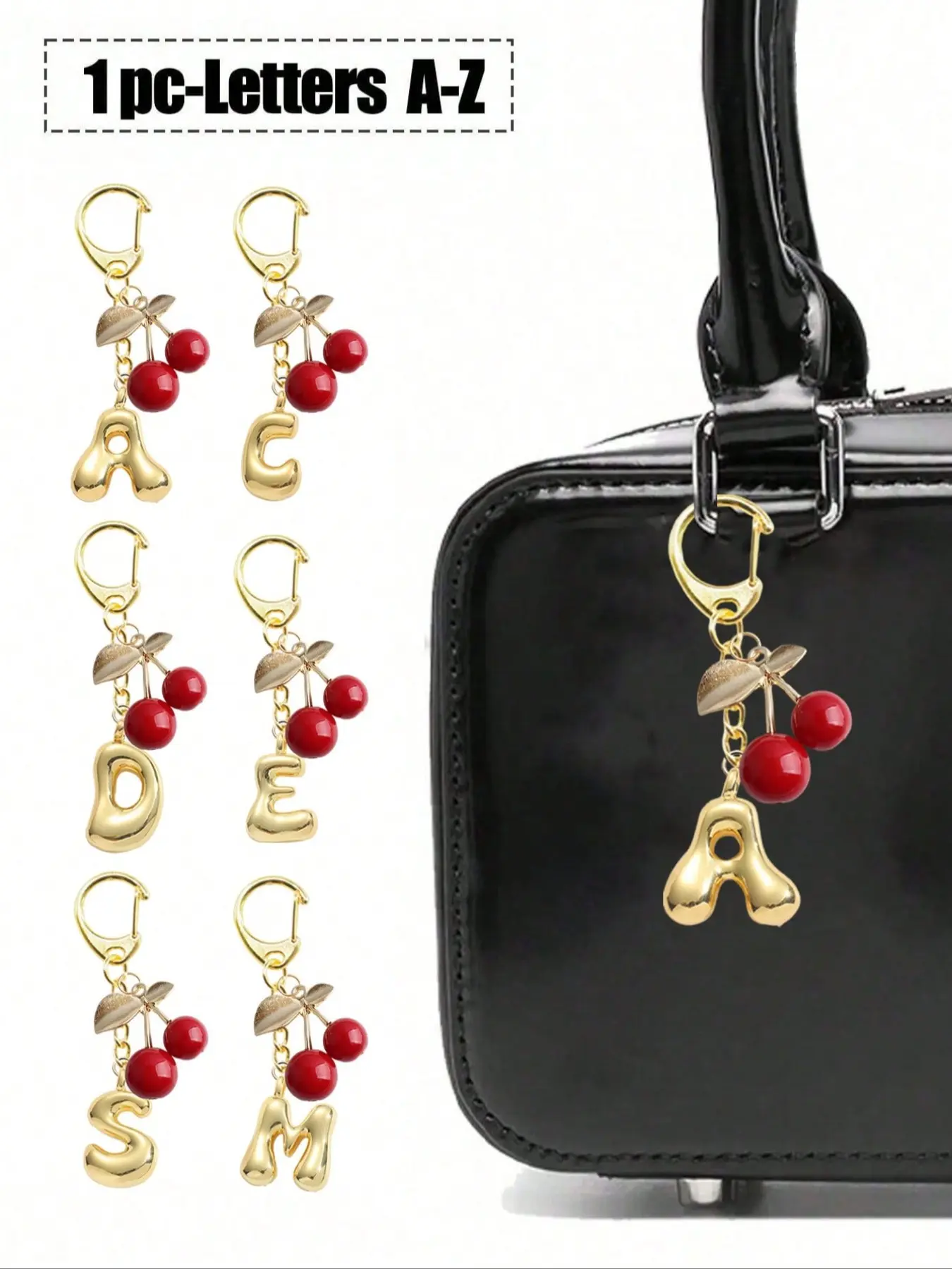 Bubble Pendant,Cute Chubby Design, Letter Bag Charm - A-Z Full Initial Durable Anti-Tarnish Gold Purse Pendant With 3d Red Cherry Detail, Ideal For Decorating Handbags, Purses, Keys, Backpacks & Phone Cases, Suitable For Women, Backpack Bag Charms