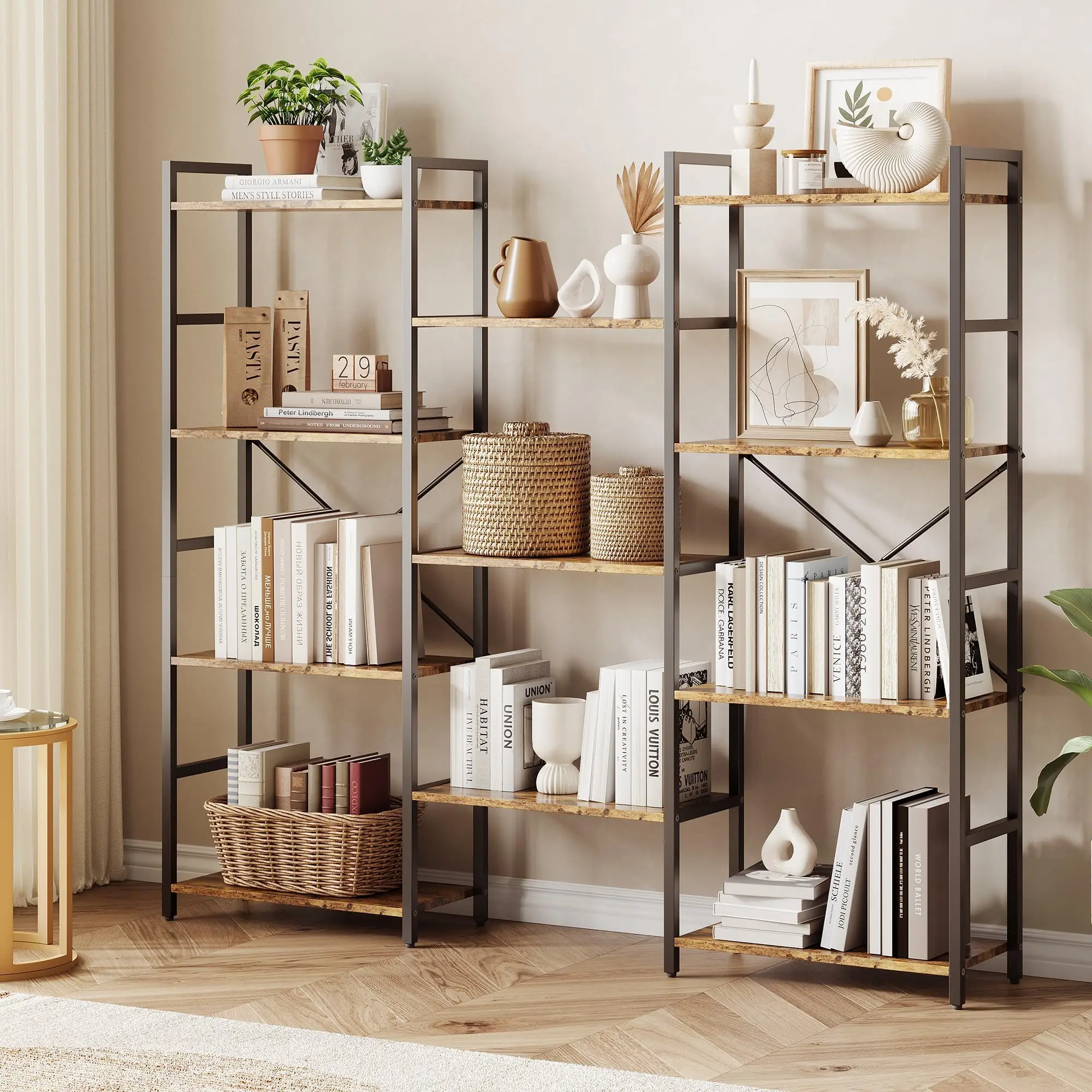 4-Tier Industrial Bookshelf with 11 Adjustable Shelves, Rustic Large Etagere for Living Room or Office
