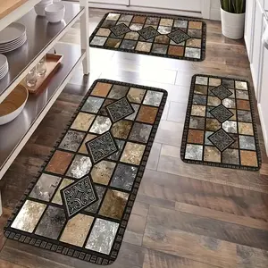 2D Flat Kitchen Carpets Set Imitation Natural Marble Texture Diamond Shaped Tile Design Machine Washable Non Slip Floor Mat for Living Room Dining Room Bathroom Entrance Sink Laundry Room Area Rug