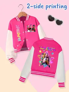 Girls Kpop Demon Hunters Korean Series Christmas Star Print Short Baseball Jacket, Casual Fitted Fall Winter Elastic Outerwear