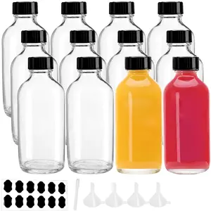 12 Pack Clear 4 oz Glass Bottle with Caps, Funnel, Chalk Labels, Pen, Vanilla Extract Bottle, Boston Containers for Potion, Juice, Ginger Shots, Turmeric Shot, Whiskey, Herbal Medicine, Maple Syrup