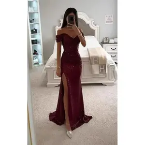 Sexy side-slit ball gown shiny sequin women’s dress — independent station (fashion brand); polyester; seamless; lightweight; flashing/light-up; formal womenswear