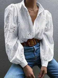 Women's Embroidered Button Front Casual Long Sleeve Shirt, Stylish Floral Design, Perfect for Daily Wear, Comfortable and Trendy