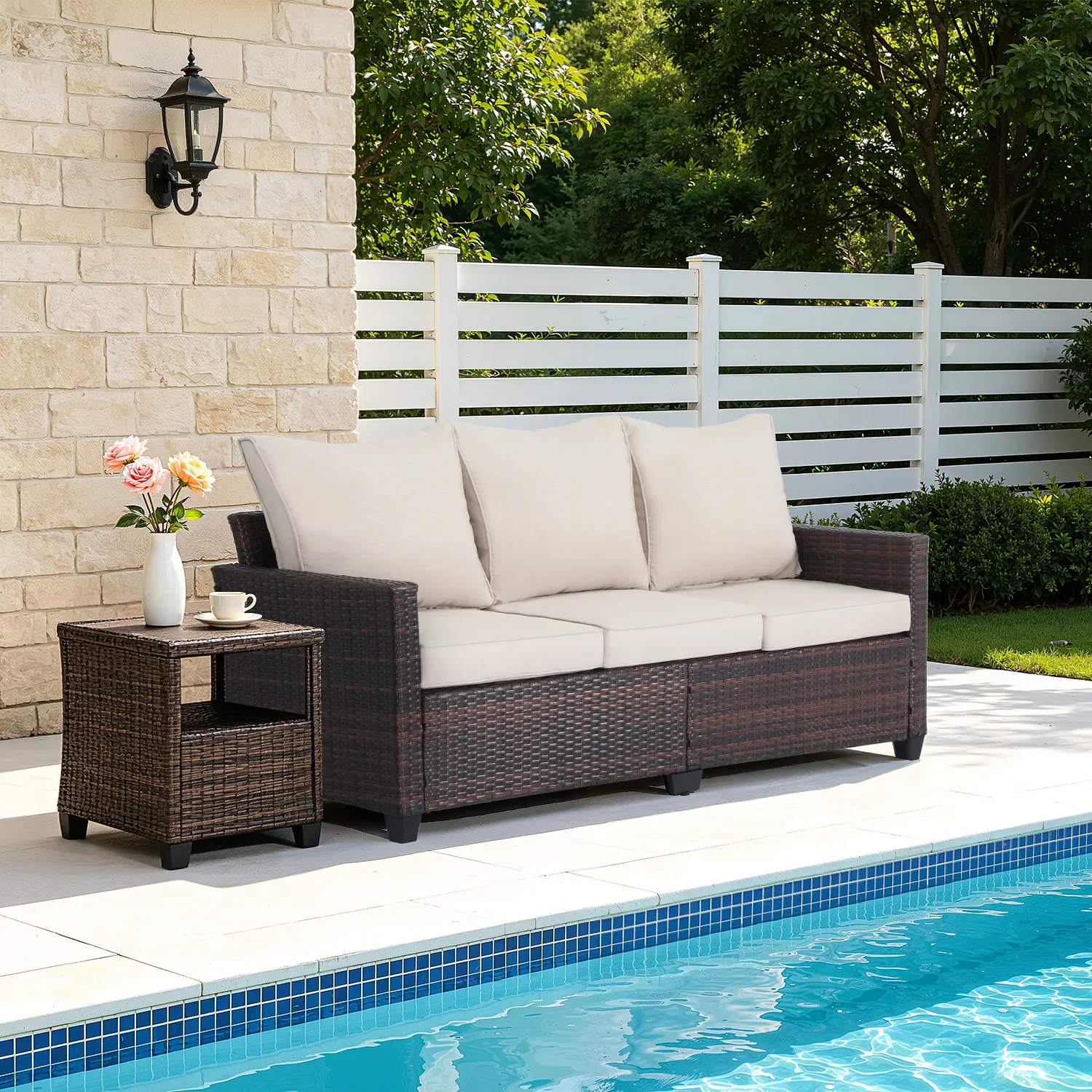 3-Seater High Back Deep Seat Sturdy Outdoor Patio Sofa - Casual Rustic All-Weather PE Rattan Sofa with Fixed Arms, Waterproof Cotton Outdoor Cushions, All-Weather Cushions, Assembly Required Comfy Couch for Garden, Poolside Decor
