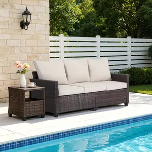 3-Seater Outdoor Sectional Sofa - Sturdy High Back Deep Seat Patio Couch with Fixed Arms, 4-Inch Plush Waterproof Polyester Cushions, All-Weather Wipeclean Wicker, 3-Seat Family Fit, Assembly Required for Garden, Balconies