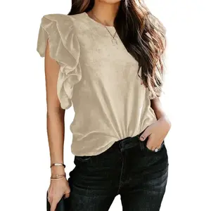 Womens Elegant Ribbed Velvet Top Crew Neck Short Ruffle Sleeve Casual T Shirt Blouse