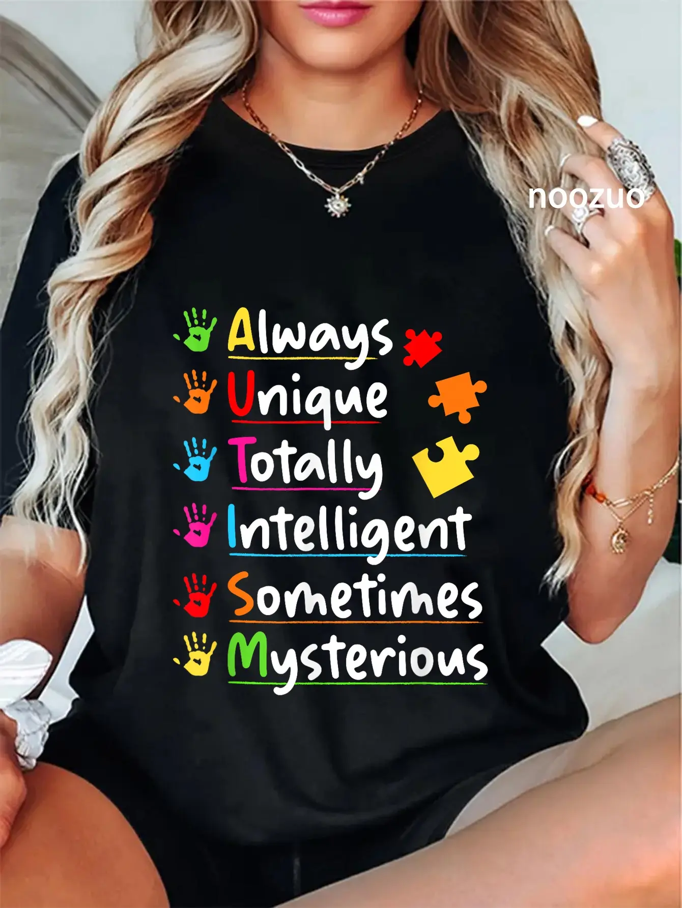 Women's Vintage Graphic Cotton T-Shirt, Distressed Autism Awareness Round Neck Top with a Relaxed Fit, All Seasons Fashion Clothes