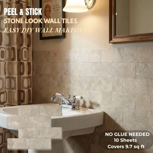 Yipscazo Peel-Stick 3D Beige Stone-Look PVC Composite Subway Wall Tiles - Thick Strong Adhesive, Heat-Resistant, Waterproof, Indoor Kitchen & Bathroom Stick-On Tiles (10 Sheets, 12in x 12in), Subway Tile