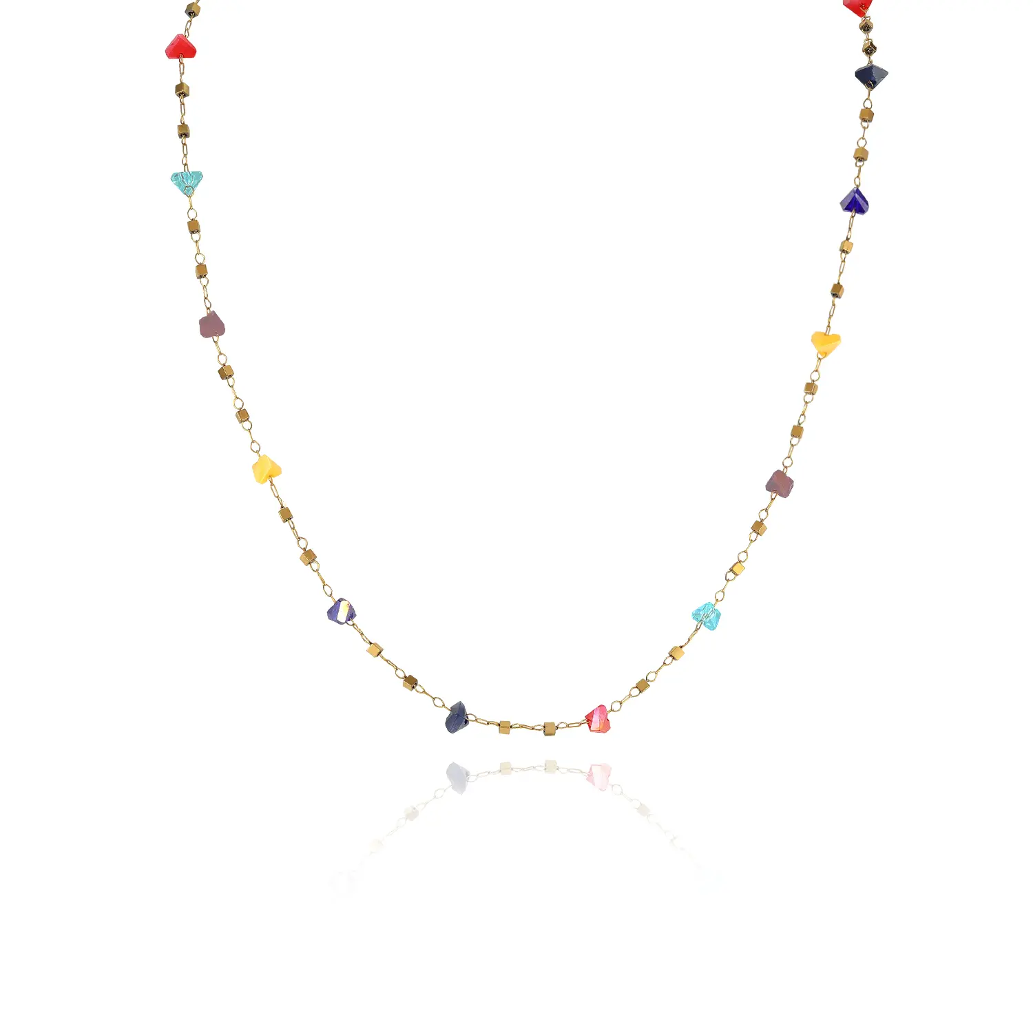 Rainbow Crush Stone & Gold Link Necklace - Trendy Color Pop Summer Costume Fashion Accessory