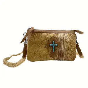 Western Cowhide Leather Crossbody Messenger Bag for Women Rhinestone Turquoise Genuine Leather Shoulder Phone bag Floral Embossed Horse Hair Clutch Wristlet Purse Wallet