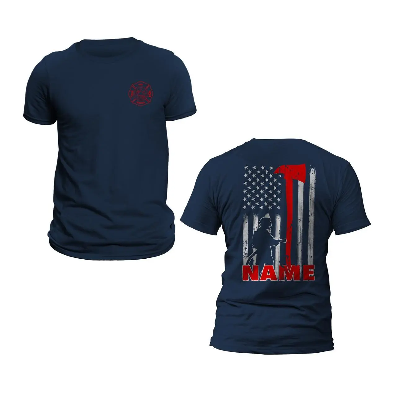 Personalized Firefighter T-Shirt Custom Name Thin Red Line Flag Axe Design Casual Classic Cotton Crewneck