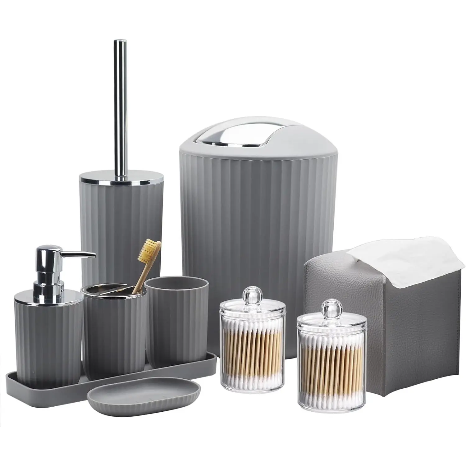 Bathroom Accessory Set - 10 Piece Grey Bathroom Accessories Set with Trash Can, Toothbrush Holder and Cup, Soap Dispenser, Soap Dish, Toilet Brush Holder, Vanity Tray, Qtip Holder, Tissue Box Cover