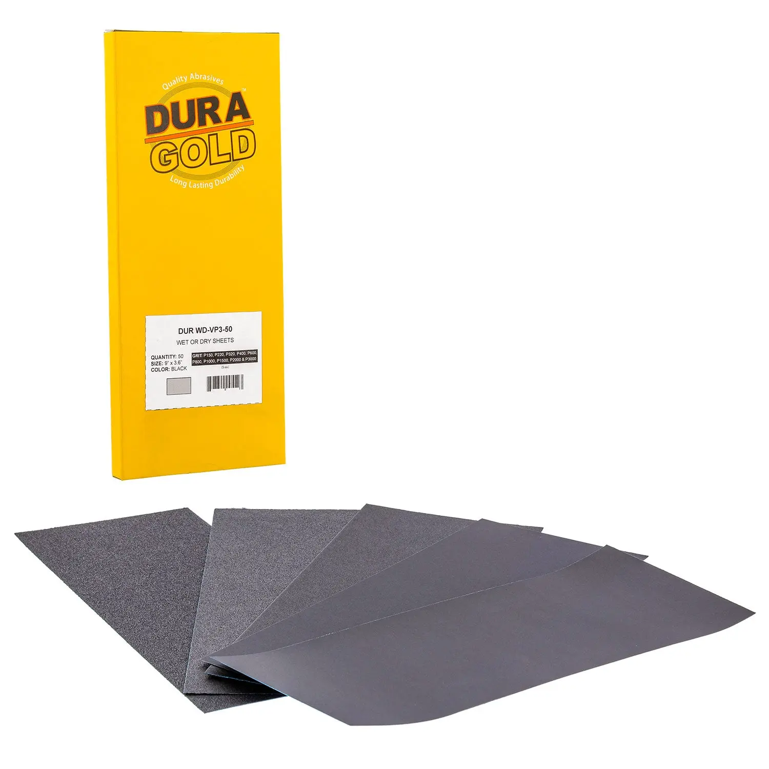Dura-Gold Premium Wet or Dry Sandpaper, Assorted Grits 150-3000, 50 Sheets, 3-2/3" x 9" for Automotive Color Sanding, Woodworking, and Block Sander