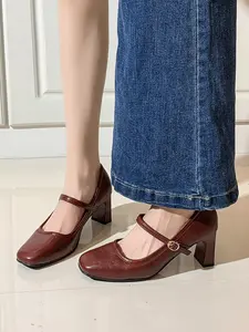 Spring Summer New Fashion High Chunky Heel Single Shoe, Casual Trendy Versatile Square Toe Buckle Thick Sole, PU Material, All Seasons