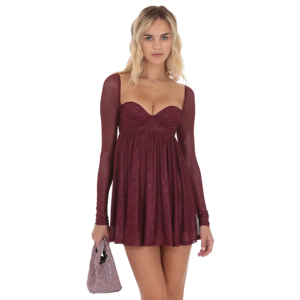 Foil Long Sleeve Babydoll Dress in Burgundy