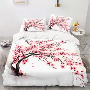 3-Piece Cherry Blossom Print Bedding Set (1 Fitted Sheet + 2 Pillowcases), Soft Comfortable Bedroom Decor, Universal Fit