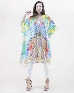 Boho Breeze Bright Psychedelic Garden Vibrant Print Kimono Cover-Up - Lightweight Bohemian Layering Piece for Women's Casual Wear & Beach Cover-Up - Summer One Size Many Styles Clothes