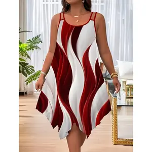 Plus Size Asymmetrical Hem Vest Skirt with Full Print, Summer Casual Slim Fit Sleeveless Double Spaghetti Strap Dress, Women’s Daily Wear, Women’s Clothing GARMENTARY