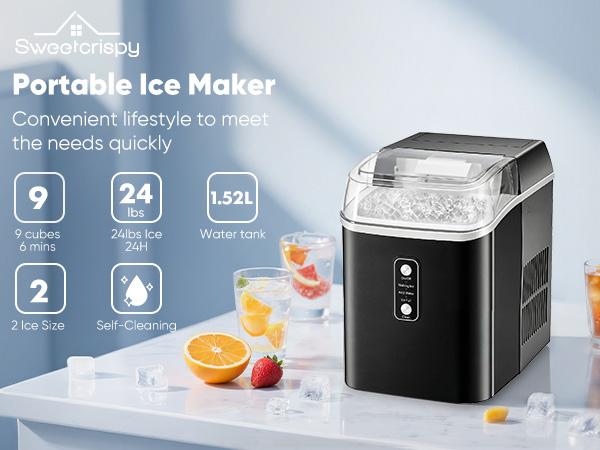 Countertop Ice Maker Machine – 2 Sizes Bullet Ice, Fast 6-10 Mins Ice Making – Portable Compact Ice Machine with Self-Cleaning – For Home, Kitchen, Bar, Office, RV & Party