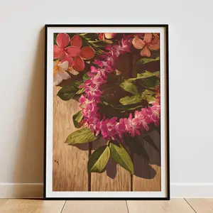 Hawaiian Flower Lei Poster Print Tropical Island Art Exotic Floral Wall Decor Hawaii Travel Souvenir Beach House Art Print Tropical Home