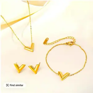3pcs Stainless Steel Women's Jewelry Set, 18K Gold-plated, Minimalist Letter V Design, 1 Bracelet + 1 Necklace + 1 Pair of Earrings, Perfect for Casual Attire, Seasonal Accessories, Casual Accessories | Minimalist Jewelry | Stainless Steel Jewelry !. Fast