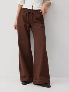 Cider Washed Denim Low Rise Drawstring Wide Leg Jeans