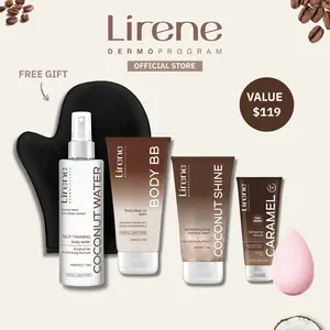 Lirene Perfect Tan All-in-One Glow Bundle — Coconut Water Mist, BB Body Balm, Caramel Face Gel, Coconut Shine + Beauty Blender & FREE Velvet Glove