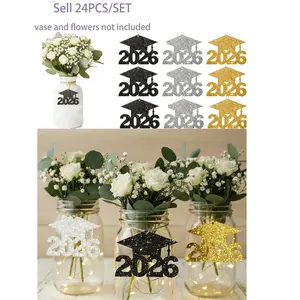 24PCS/set 2026 Graduation Party Decorations - Glitter Graduation Cap Tags, Colorful Paper Vase Centerpieces, Paper Material, Suitable For Graduation Centerpiece Decor, Graduation Party Decorations, Graduation Party Supplies