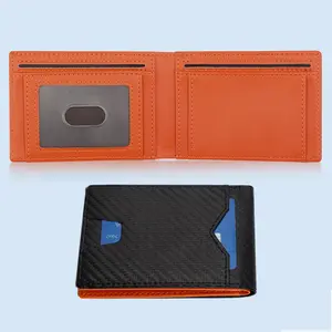 Men's RFID Blocking Wallet,Anti-scan Design Men's Wallet,Leather Carbon Fiber Rfid Blocking Slim Wallet with 11 Credit Card Slots (Carbon Black and Orange)
