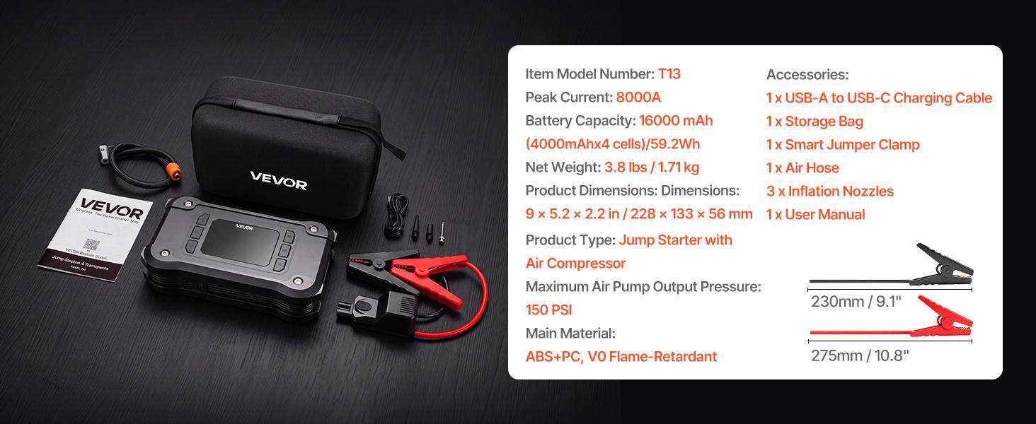 【BackToSchool】VEVOR Jump Starter with Air Compressor 8000A Peak Car Battery Jump Box, Portable for 9.0L Gas / 8.0L Diesel, 150 PSI Auto-Shutoff Tire Inflator, Power Bank, 12V Battery Charger, with LED Flashlight
