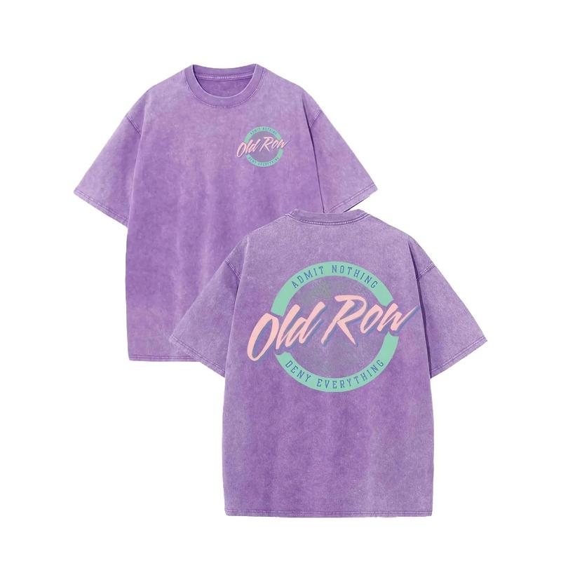 Old Row Men's Vintage Washed Batik T-Shirt BY 404714 - Dual-Sided Circle Logo Letter Print 230g Thick Cotton Street Retro Style Round Neck Short Sleeve Tee for Summer Grey Teal Knit Menswear Tops