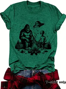 Women's Gorilla & UFO Animal Print Round Neck Fitted Tee, Casual Fashion Short Sleeve Top T-shirt for Summer, Ladies Clothes Womenswear for Daily Wear Everyday