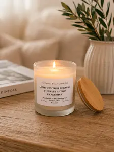 Therapy is Too Expensive Candle | Soy Coconut Candle 8oz | Vanilla & Coffee | Clean Burn Luxury Candle | Frosted White Jar | Cotton Wick | Statement Candle