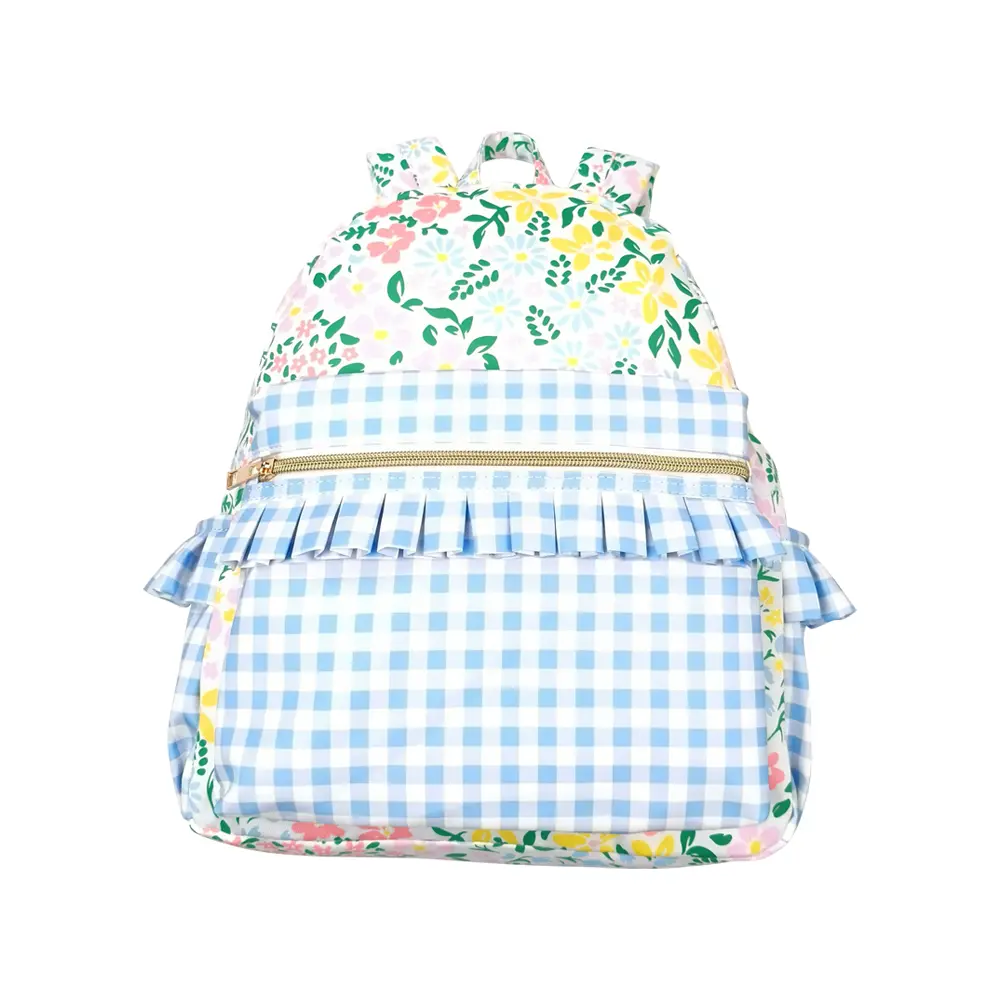 BA0097 Child-Sized Lightweight Girls' Backpack - Floral Pink Lace, Light Blue Plaid Print, No Wheels, First Day of School Essential, Cute Backpacks for Elementary School Students