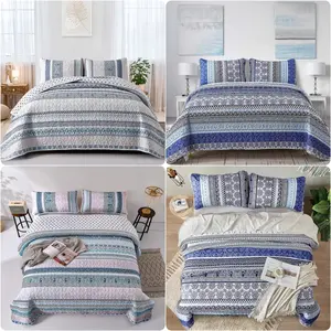 3 Pieces Boho Bedspread Set Queen King Size Light Blue Bohemian Quilt Sets Lightweight Summer Quilt Coverlet Bedding Set for All Season