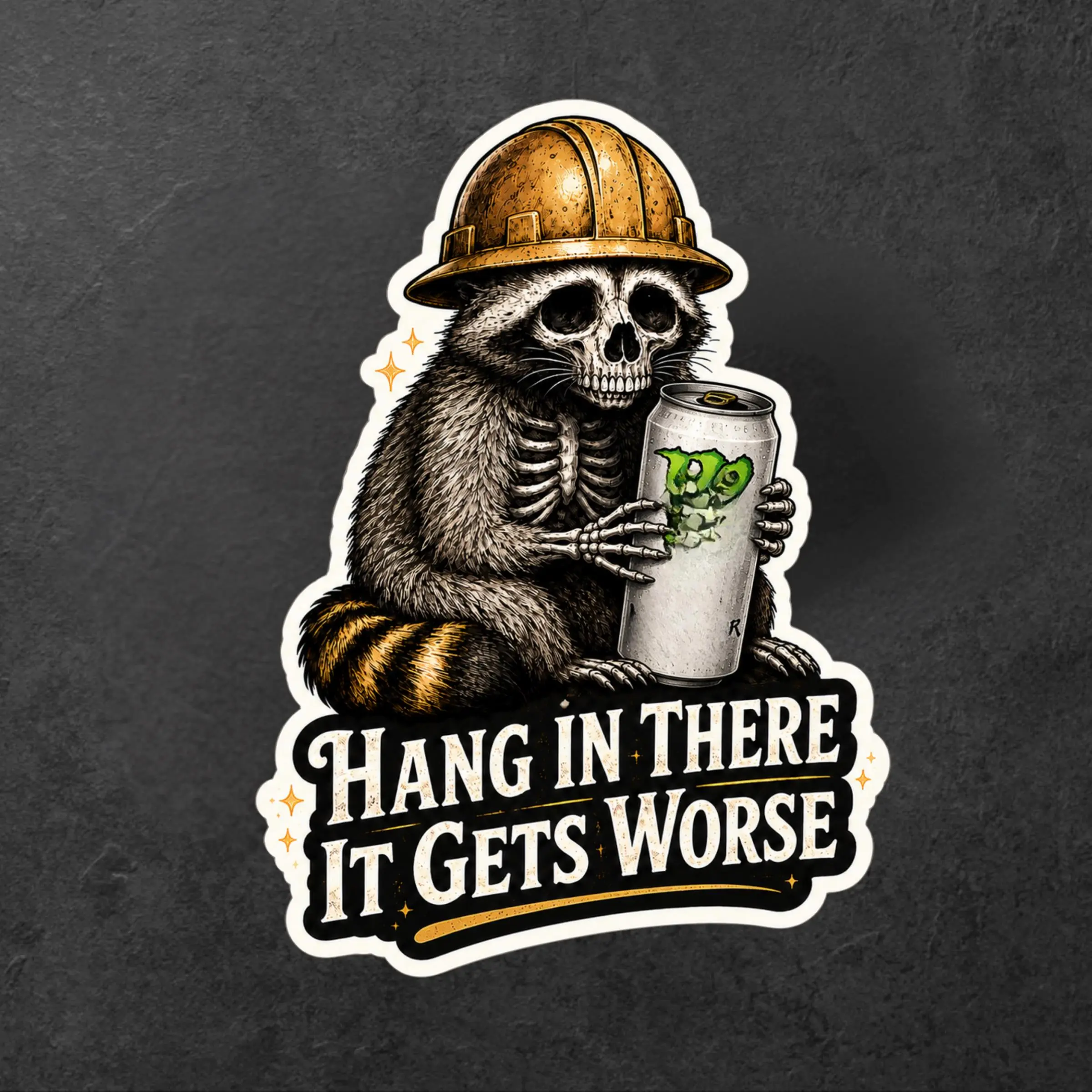 Funny Construction Raccoon Hard Hat Sticker, Energy Drink Blue Collar Humor Waterproof Vinyl Decal for Laptop and Toolbox