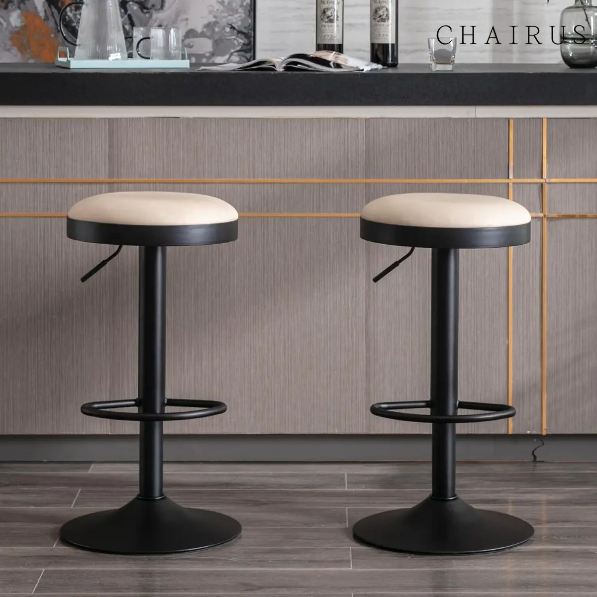 CHAIRUS  Swivel Round Bar Stools Set of 2,Modern Round PU Leather vanity Ottoman Stool, Contemporary Adjustable Makeup Accent vanity Stool for Bedroom,Living Room,Kitchen Island,Home Bar,Office,Upholstered Counter Stools with Metal Base