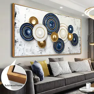 Solid Wood Frame Golden Dark Blue Decorative round Ripple Art Wall Decor Canvas Large Artist Decor Canvas Living Room Bedroom Office Printing Painting for Wall Decor and Home Decor Retractable Hanging