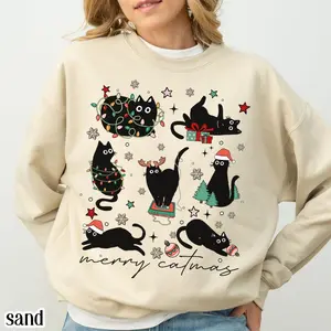 Christmas Cat Sweatshirt Catmas Meow Christmas Tree Light Its Fine Holiday Sweater Funny Kitty Black Cat Xmas Crewneck Festive Kitten Gift