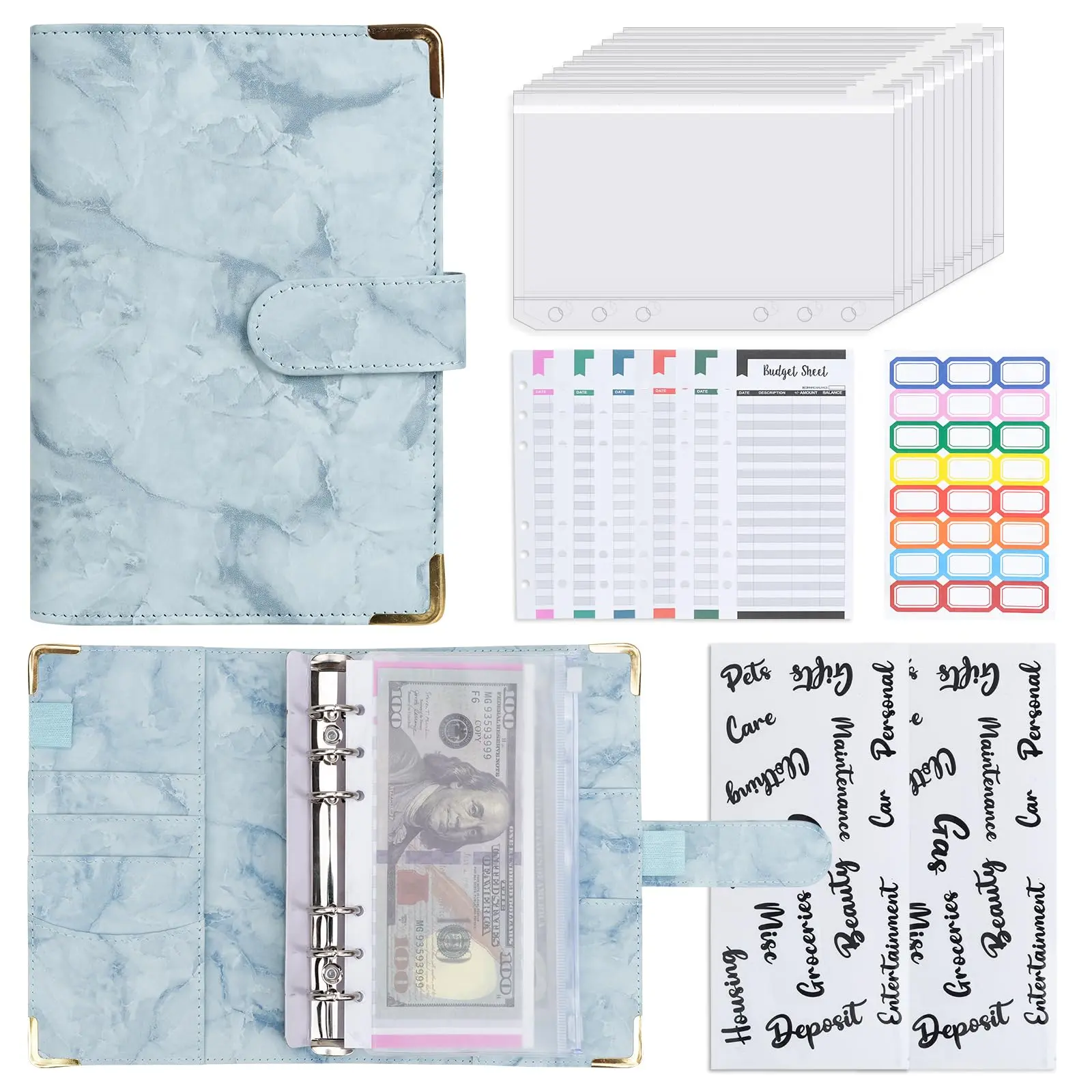 Budget Binder Leather A6 Cash Envelopes Money Saving Binder with Zipper Envelopes Cash Envelopes for Budgeting Blue