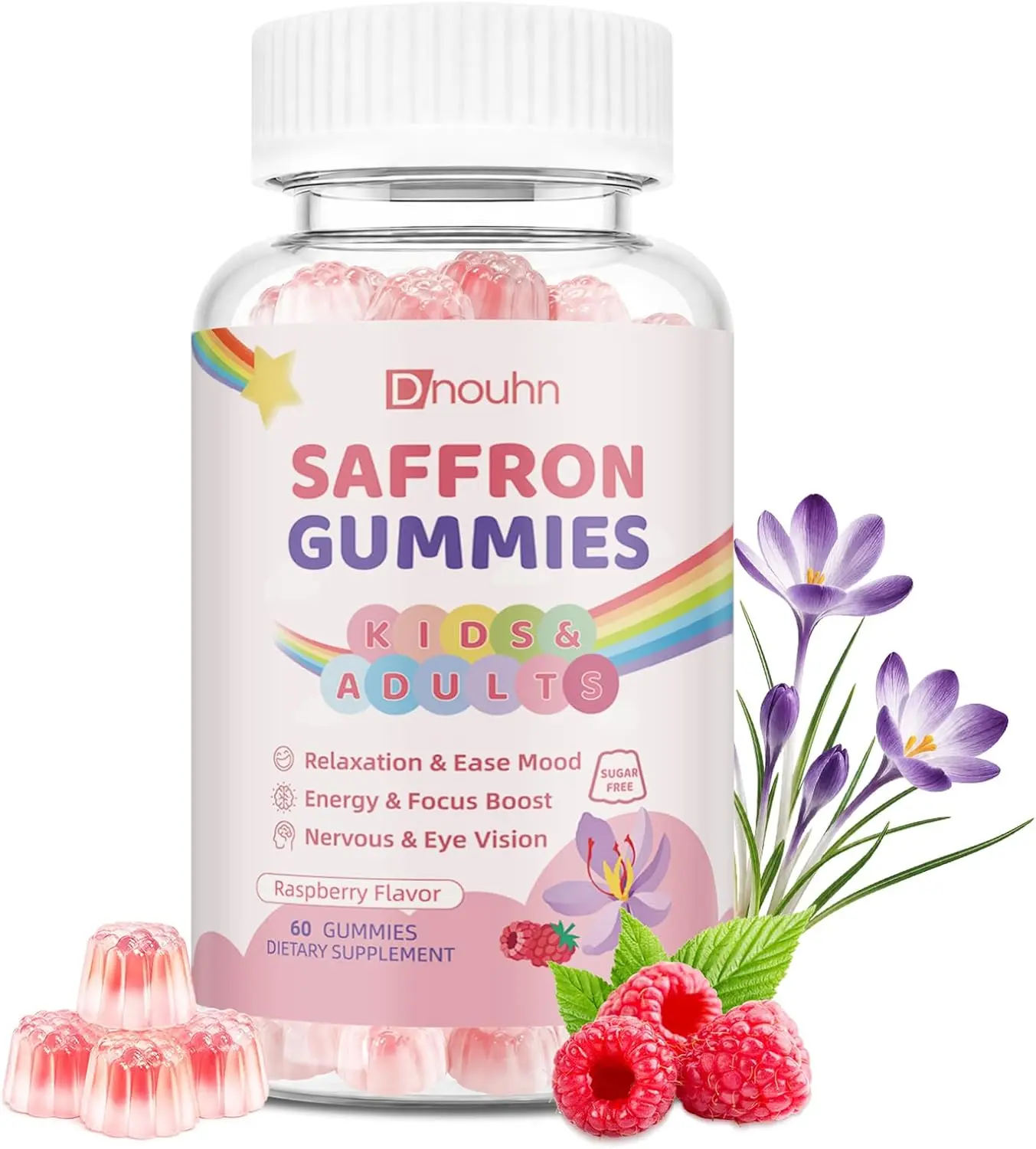 Saffron Gummies 88.5mg Saffron Extract with B6 B12 C D3 Magnesium | Calm & Nerve Support for Adults | Sugar Free Vegan Non-GMO Raspberry 60 Counts