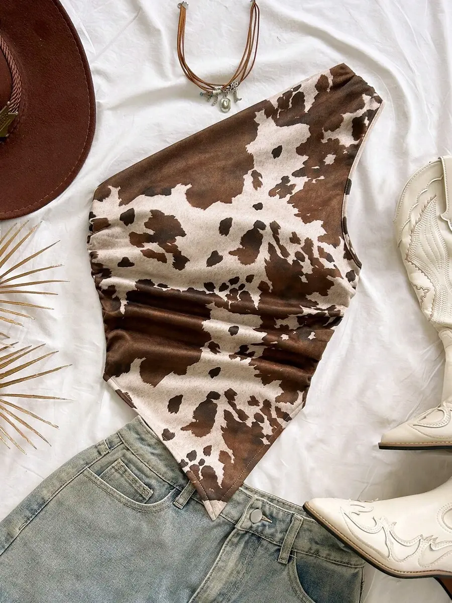Women's Cow Print One Shoulder Asymmetrical Crop Top Western Boho Festival Summer Vacation Going Out Tank Top