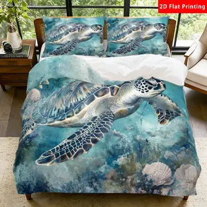 2/3 Pcs 2D Flat Oceanic Sea Turtle Duvet Cover Set Sea Turtle Bedding Set Quilt Cover 1 Duvet Cover + 1/2 Pillowcases Underwater Seashell Decorative Bedding Bedroom Decor