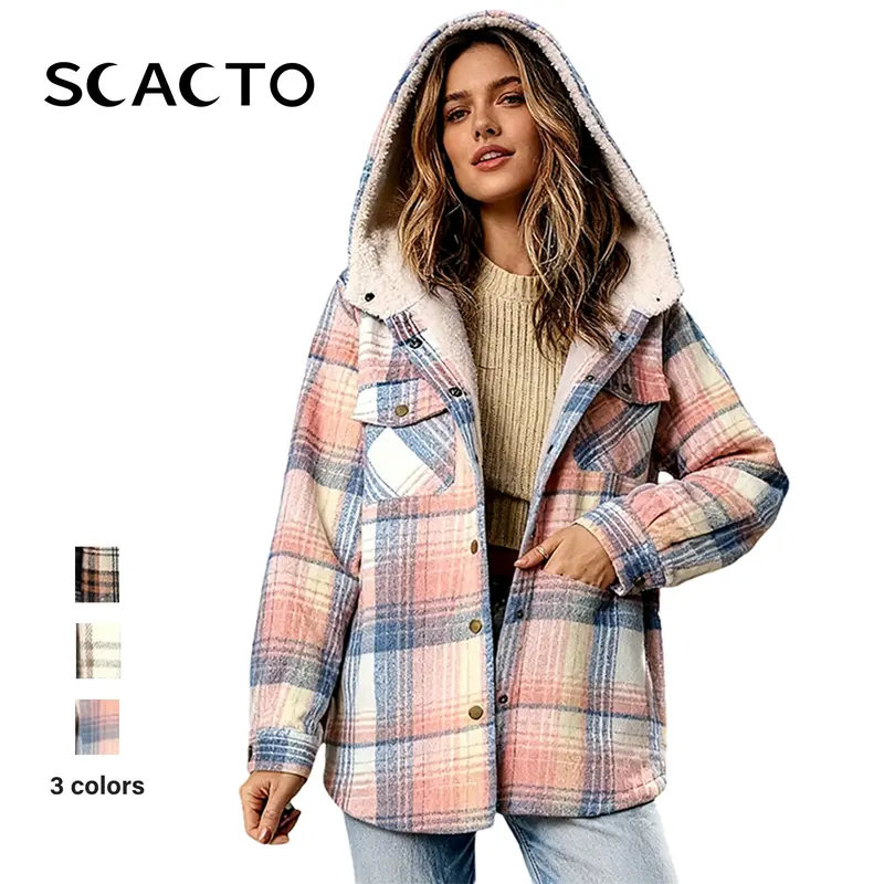 Scacto Women's Inclusive Size Polyester-Spandex Checkered-Houndstooth Print Button-Front Hooded Jacket - Soft, Comfortable, Casual Long-Sleeve Pocket Outerwear for Fall, Winter Daily Street Wear
