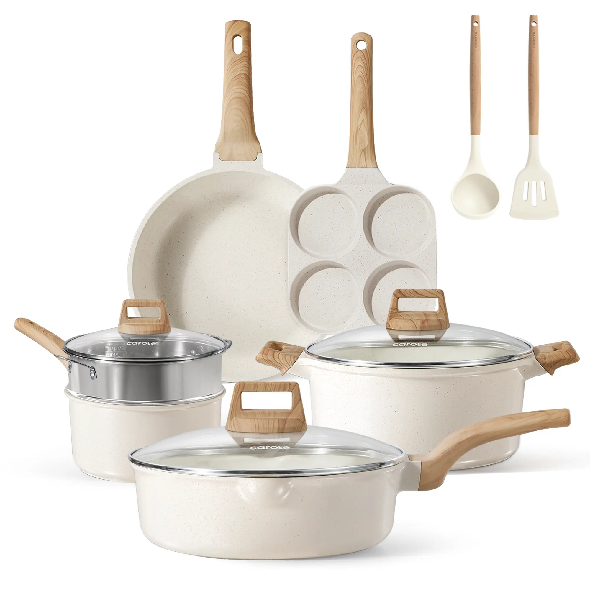 [Official] CAROTE 11 Pcs Pots and Pans Set, Nonstick Cookware Set, Kitchen Cooking Set with Lid and Utensil, Frying Pans & Saucepans