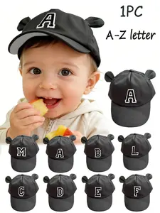 1PC Newborn Baby Black Baseball Cap Cute Bear Ears A-Z Letter Embroidery Adjustable Sunhat Embroidered Cap Toddler Infant Outdoor Caps