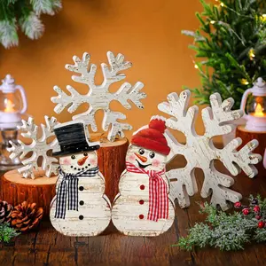 5 Pcs Winter Christmas Snowflake Wooden Decor Tabletop Snowman Decor Winter Wood Blocks White Snow Flake Wood Signs Snowman Tiered Tray Wooden Signs for Xmas Party Home Shelves(Farmhouse)AB12PeakVibe