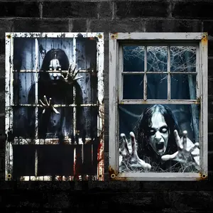 2 Pcs Scary Halloween Window Decorations Female Ghost Window Door Cover Haunted Halloween Curtains Halloween Window Silhouette Decor for Outdoor Indoor