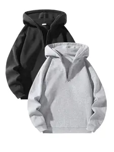 Men's Solid Half Zip Up Thermal Lined Hoodie, Regular Fit Casual Drop Shoulder Zipper Long Sleeve Hooded Sweatshirt for Fall & Winter, Men's Clothes for Daily Wear